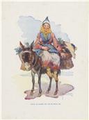 Saloia de Colares em traje popular transportada num burro durante a época das vindimas no final do século XIX.